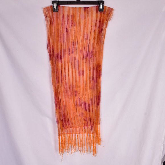 Orange Sheer Pleated Scarf with Fringe Trim - Picture 5 of 7